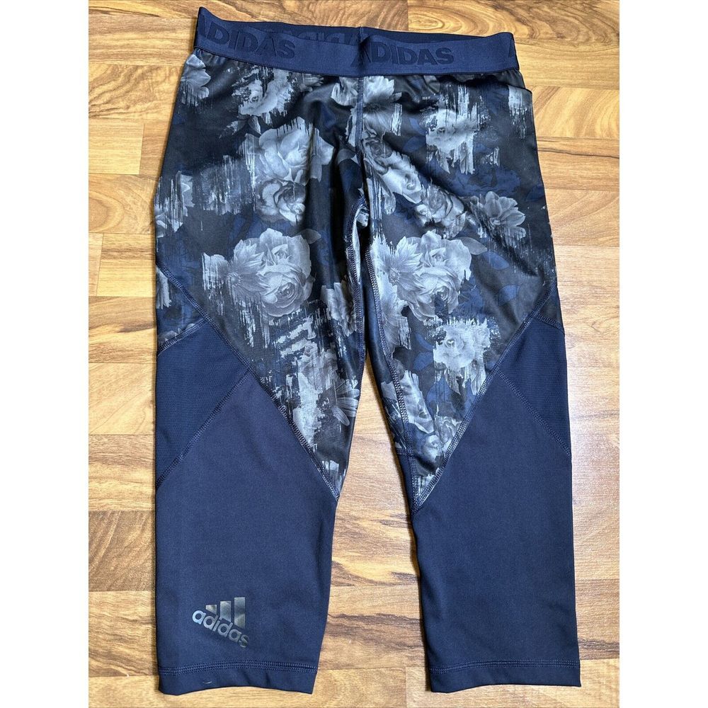 Adidas Techfit Womens Floral‎  Compression Capri Leggings Large Navy & Gray
